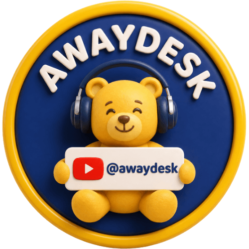 무선 헤드폰을 쓰고 빨간 영상 재생 마크와 @awaydesk 팻말을 든 AWAYDESK 원형 로고